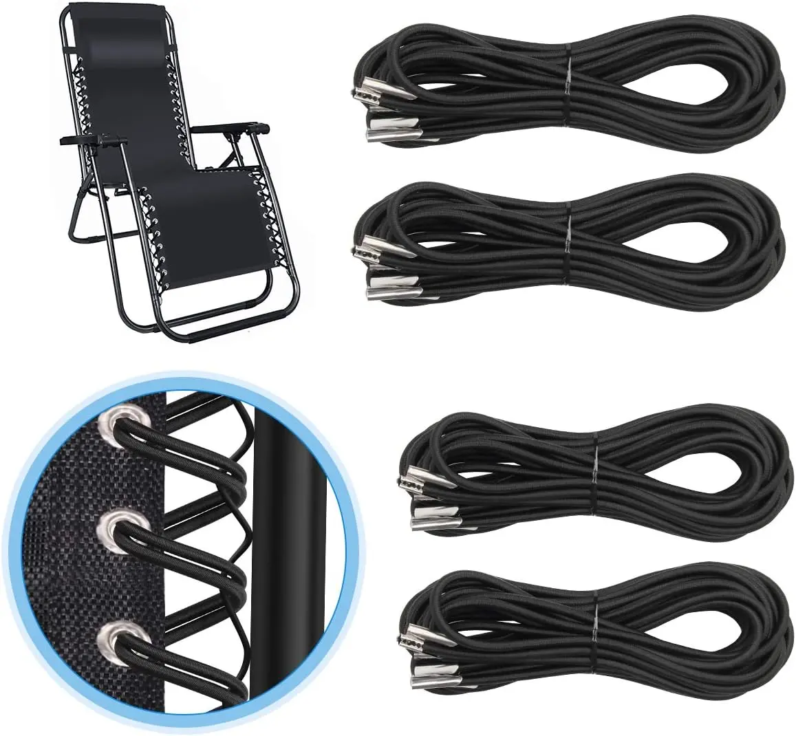 4-Pack Black Universal Replacement Elastic Cords Repair Tool Kit for 0 Gravity Chairs, Lawn Chairs, Recliners