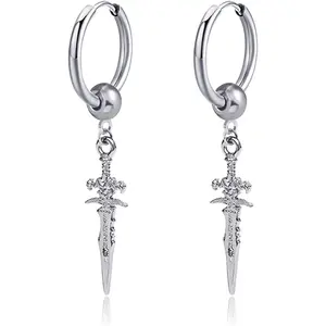 Personalized Unique Punk Hip Hop Stainless Steel Knife Huggie Hinged Hoop Earrings with Long Dangle Retro Sword for Men Women