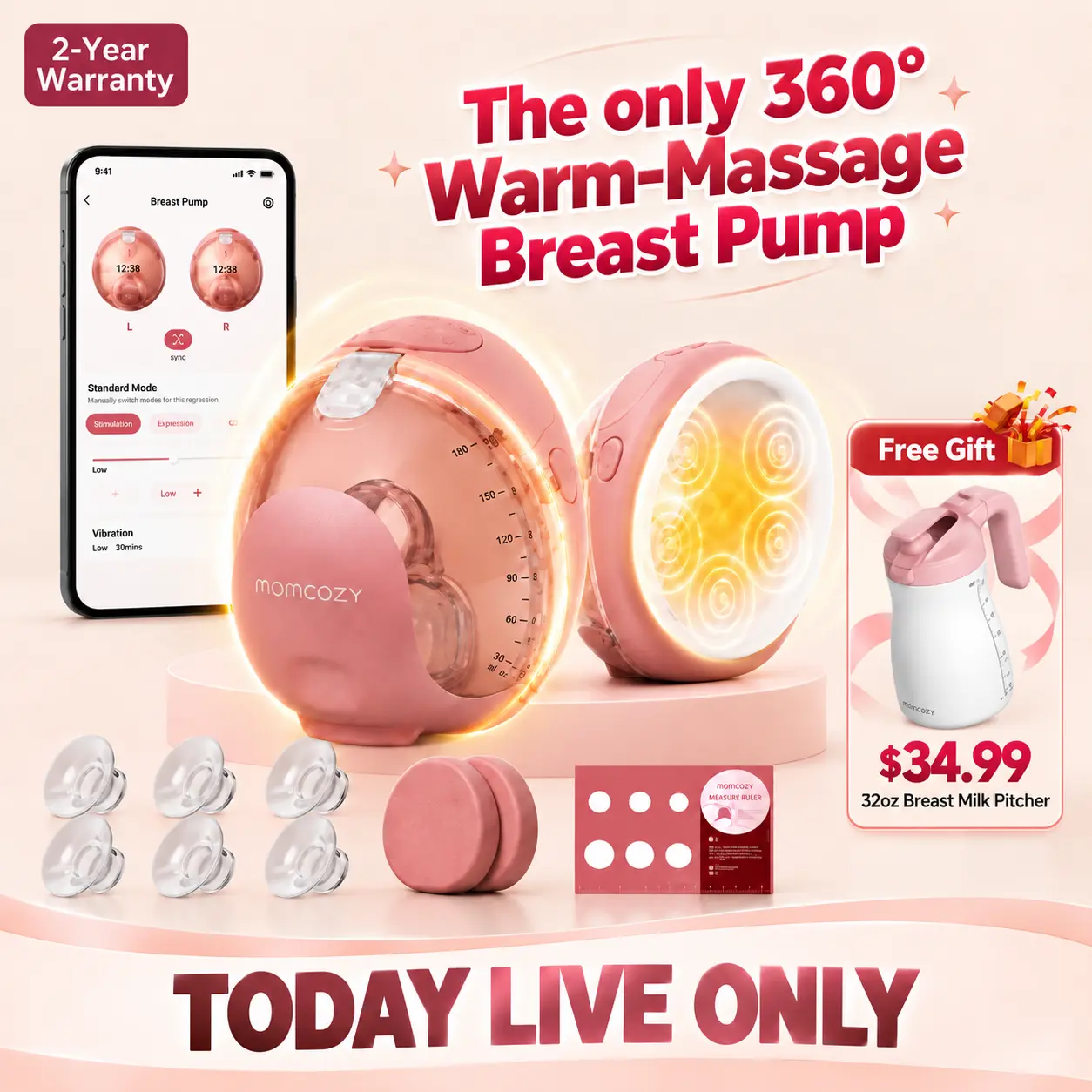 [Live Only] Momcozy Wellness 1 Wearable Breast Pump, Warm-Massage Hands-Free Pump with Heated Flange&Simulated Massage for Comfortable Breastfeeding&Let-Down, App-Controlled, 4 Modes 12 Levels, 180ml/6oz B