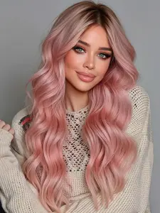 28" Pink Synthetic Wig with Black Top - Long Curly Colorful Wig for Women, Perfect for Daily Wear, Parties, Music Festivals, Carnivals & Cosplay