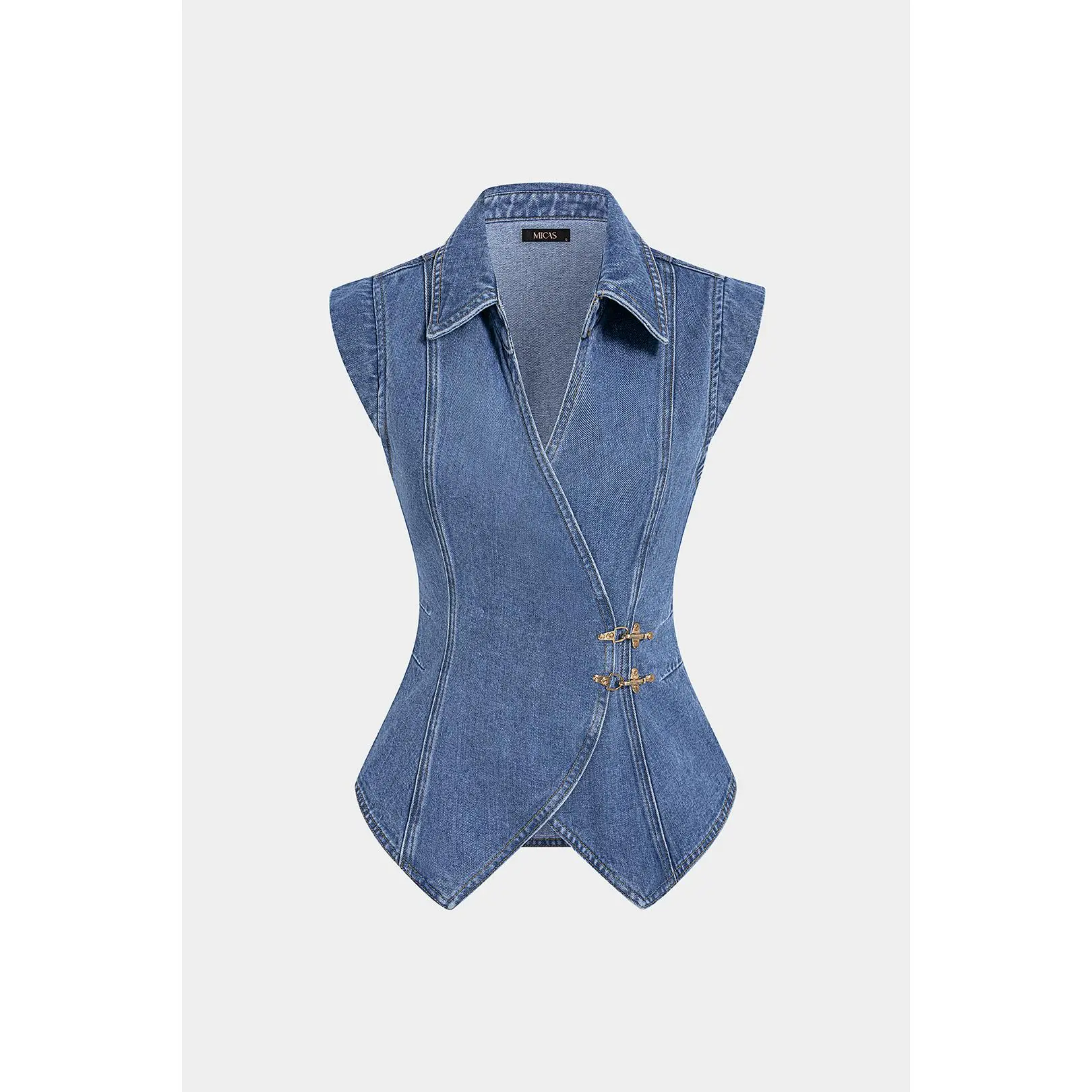 Denim Lapel V-Neck Wrap Buckle Vest