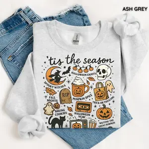 Tis The Season Halloween Sweatshirt, Cute Fall Graphic Tee, Pumpkin Witch Shirt, Trendy Halloween Gift Top,  Unisex Womenswear