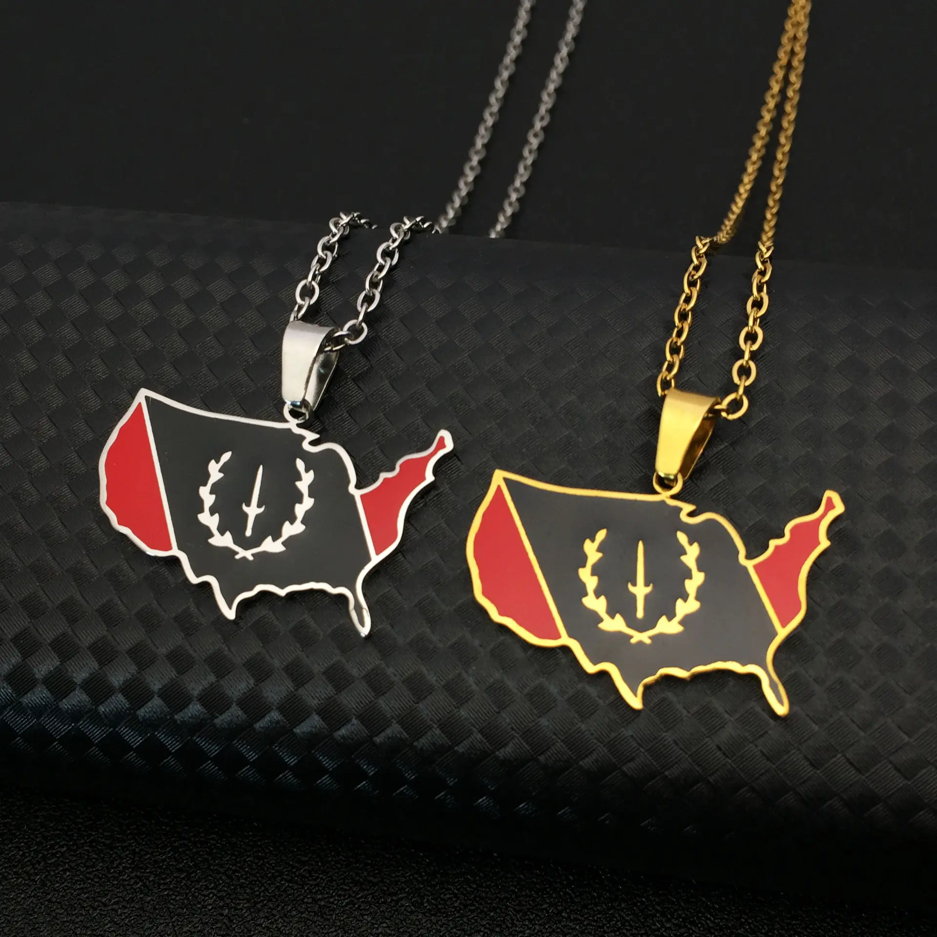 Creative African American Stainless Steel Pendant Necklace for Women - Decorated with African American Flag and U.S. Map, Necklaces For Women