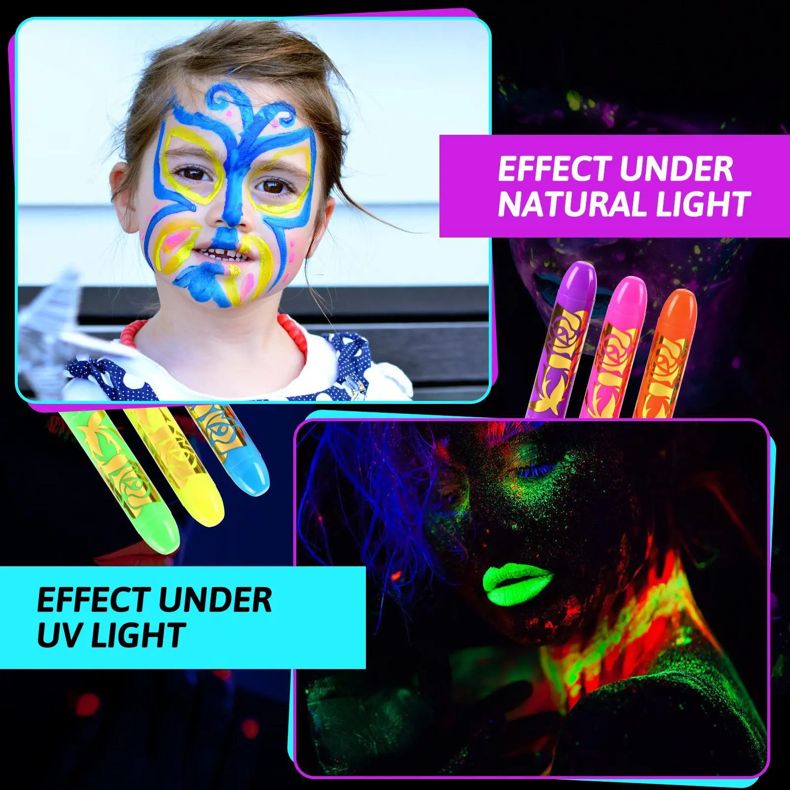 6-Piece UV Glow Face Paint Markers, Washable Makeup Set for Kids, Halloween Paint for Cosplay & Party Designs, Face Design, Glowing Effects, Halloween Face Paint