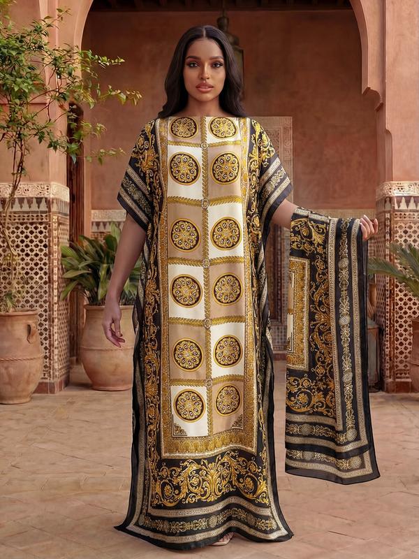 Elegant Geometric Print Satin Muumuu Dress and Shawl Set, Women's Long Beach Cover-Up with Scarf for All Seasons