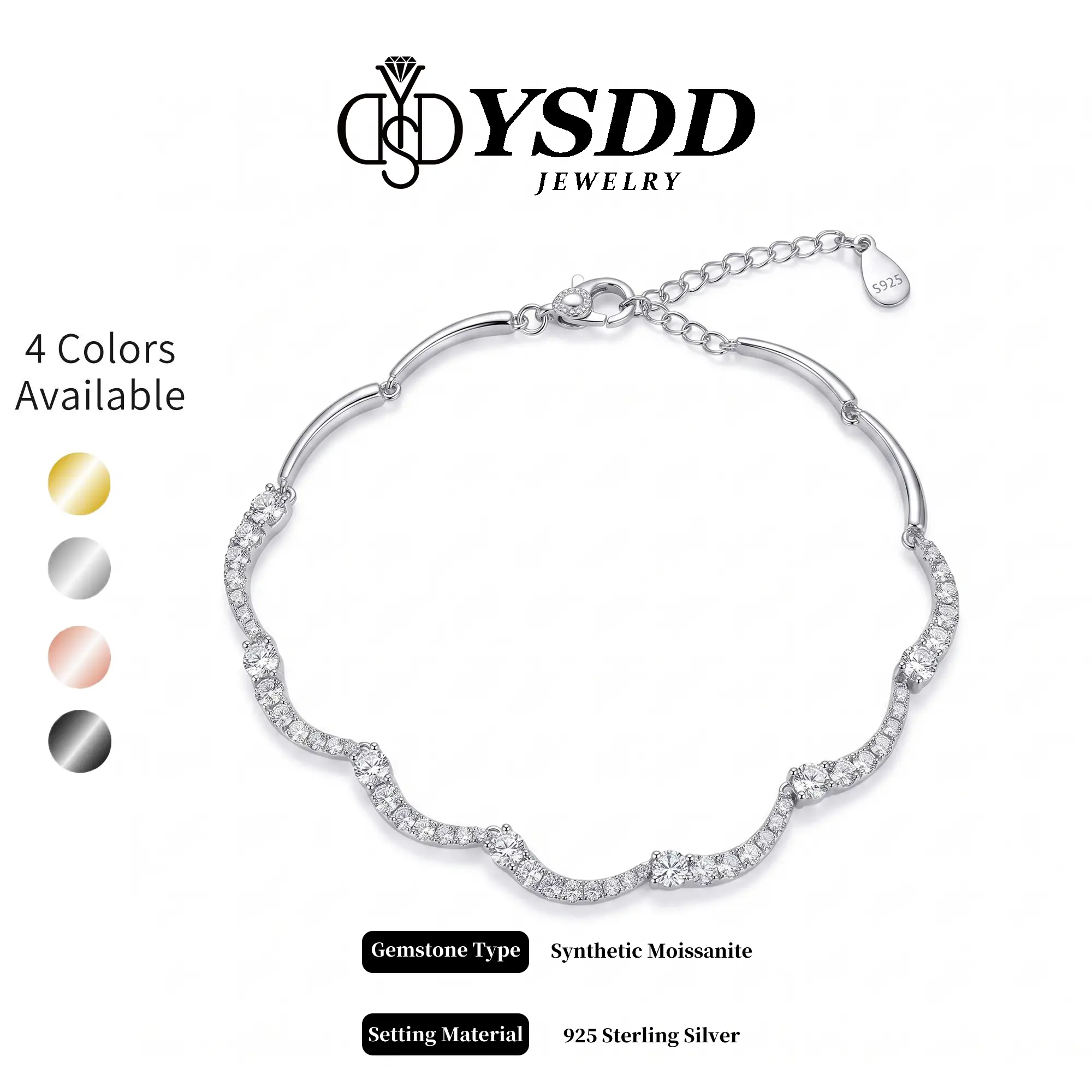 【#730 Sea Wave】Classy Sea Wave Tennis Bracelet 16+4cm vvs Synthetic Moissanite Bracelet in 925 Sterling Silver