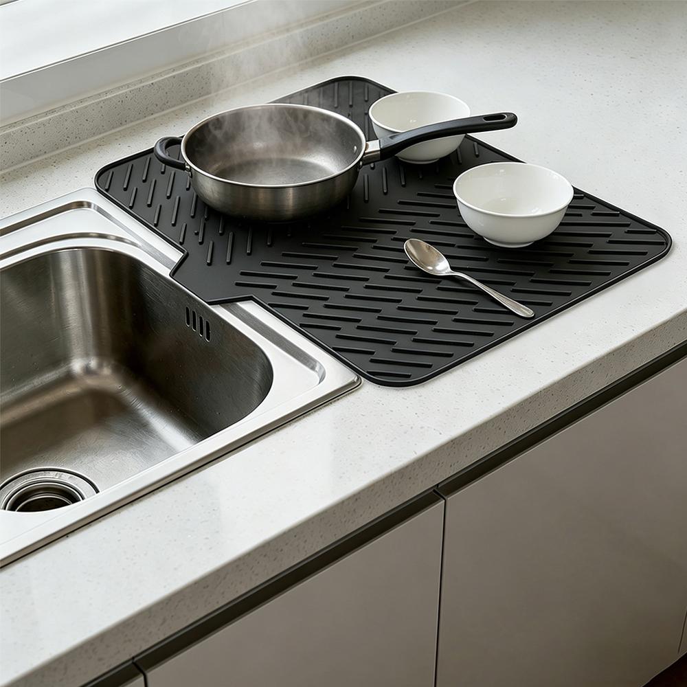 【Freylo】Dish drying mats for kitchen counter, Silicone dish drying mat ,Heat resistant mats for countertop,With drain port ,Stone drying mat for kitchen counter (23inchx17inch, black)