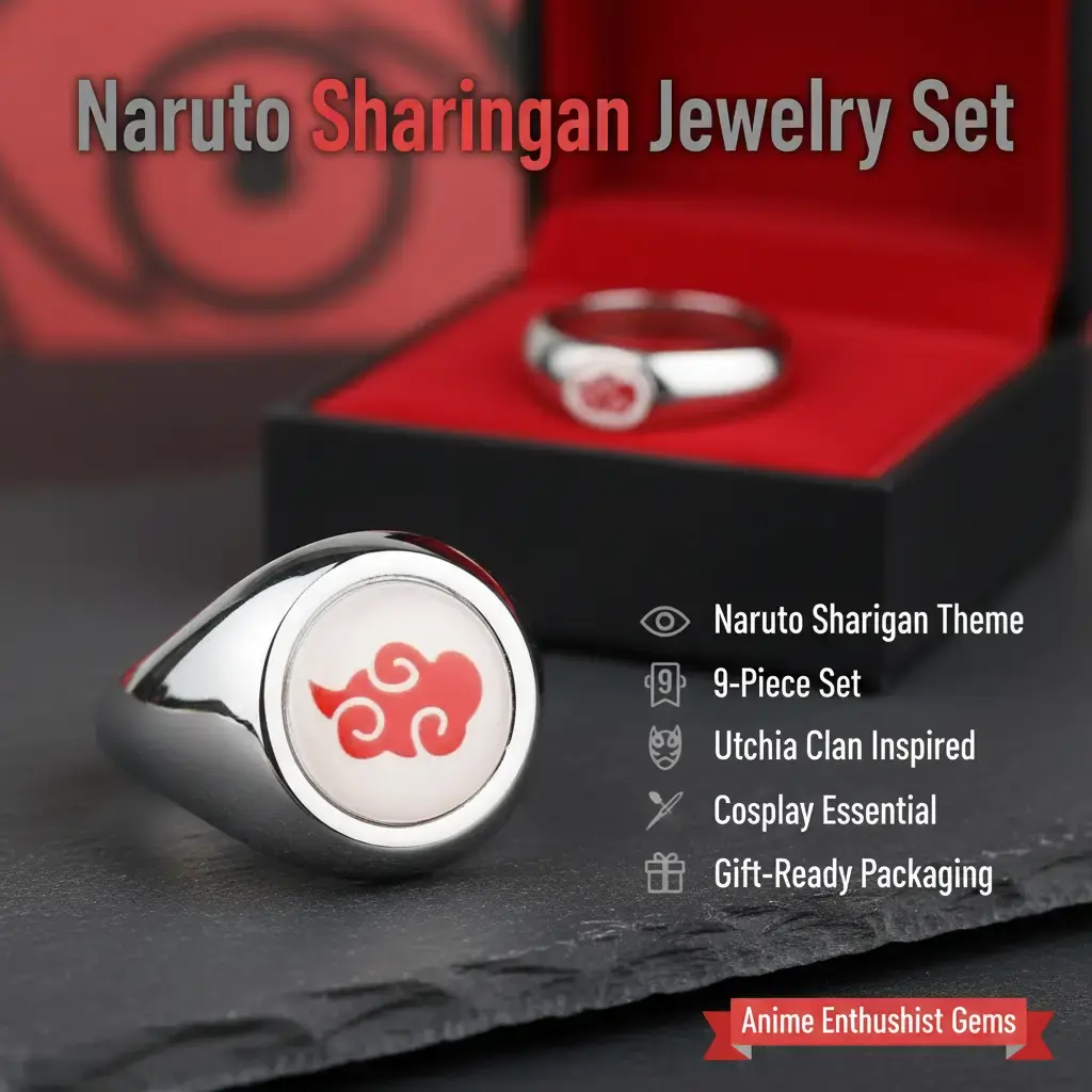 Naruto Uchiha Clan Akatsuki 9-Pcs Alloy Metal Collectibles Jewelry Set - 2.4Cm × 1.8Cm Unisex Fit Adjustable Open Band Rings, Sharingan Eye Pendant Necklace, Anime Cosplay Accessory, Gift Box for Cosplayers, Conventions, Everyday Wear, Teenagers