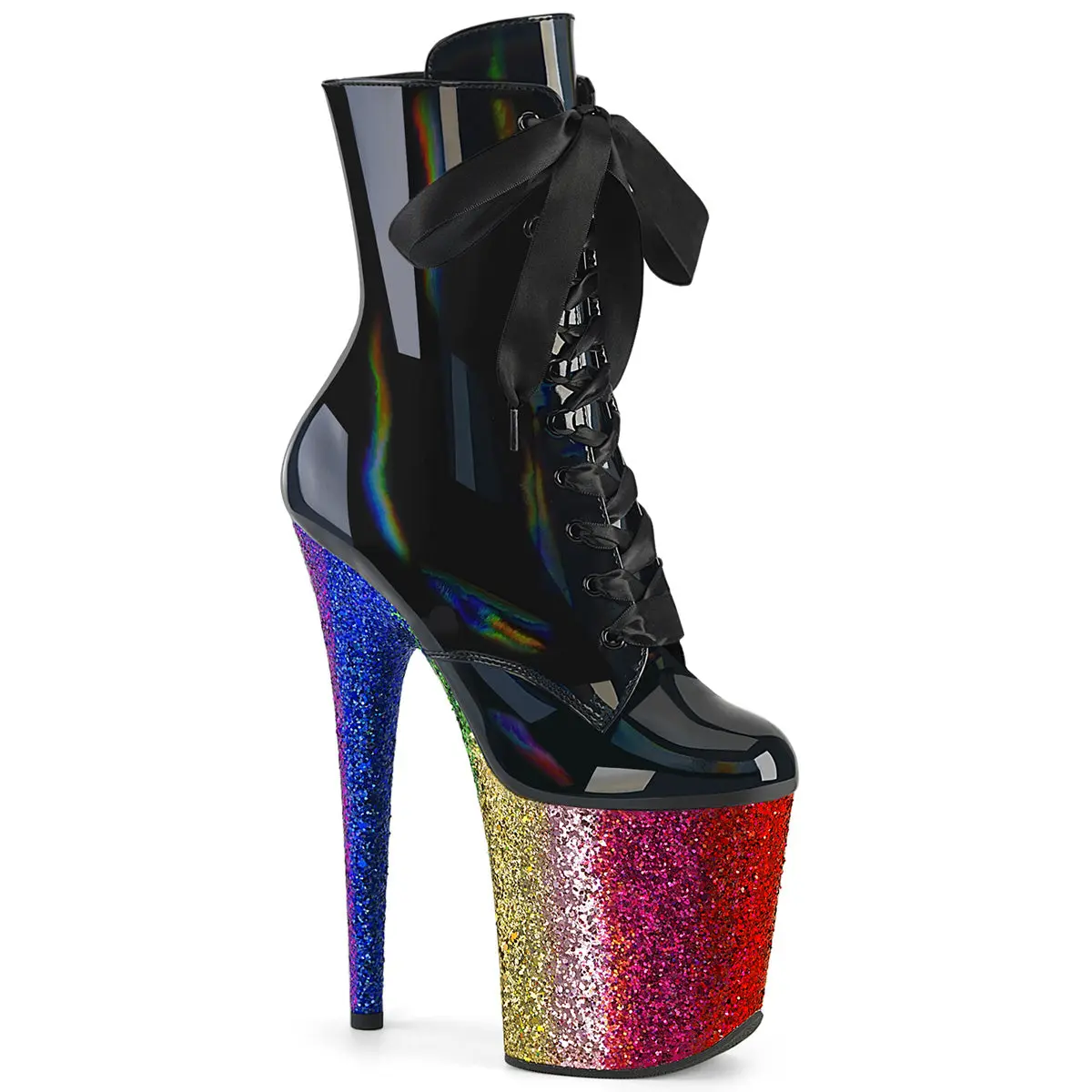 Women's Platform Ankle Boots in Black Holographic Patent, 8" Very High Heel Lace-Up Statement Shoes with Rainbow Glitter for Parties, Party, Very High Heel(Above 8 Cm), Patent Leather, Ankle Length, Zip Closure, Glitter Sole