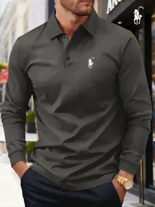 Men's Plus Size Solid Color Long Sleeve Polo Shirt, High-End Fashion Fabric, Casual Geometric Design, All Seasons Wear, Perfect Gift