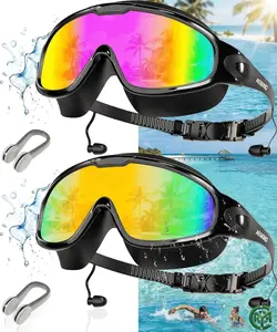 Kids&adults  Swim Goggles 2 Pack Wide View Anti Fog UV400 Protection with Earplugs Nose Clip for Ages 3-14,Adolescents and adults, Comfortable Silicone Bottom One Button Adjustment baby shower party favor boyfriend valentine lady gift