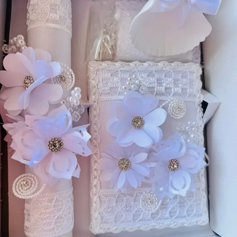 Traditional Baptism Candle Set - 8in Candle, Rosary, New Testament, Decoration Elements in Themed Box, Religious Gifts, Baptism Party Favors for Boys & Girls (English, Spanish, White, Gift Boxed)