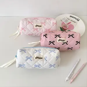 Quilted Pencil Bag, 1 Count Bow Print Zipper Stationery Organizer, Desk Organizer for Home Office School, Office Desk Accessories, Office Supplies