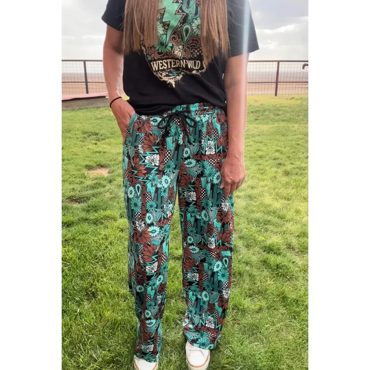 Women's Bohemian Turquoise Casual Pants - Breathable Soft-Fit Polyester-Spandex Blend Fabric, Compatible with Matching Top, Clothes, Turquoise Pants, Bohemian Look, Tattoo Motif, Poly-Spandex Blend, Relaxed Fit, Loose-Fitting, Multi-Size, Bottom, Colorful