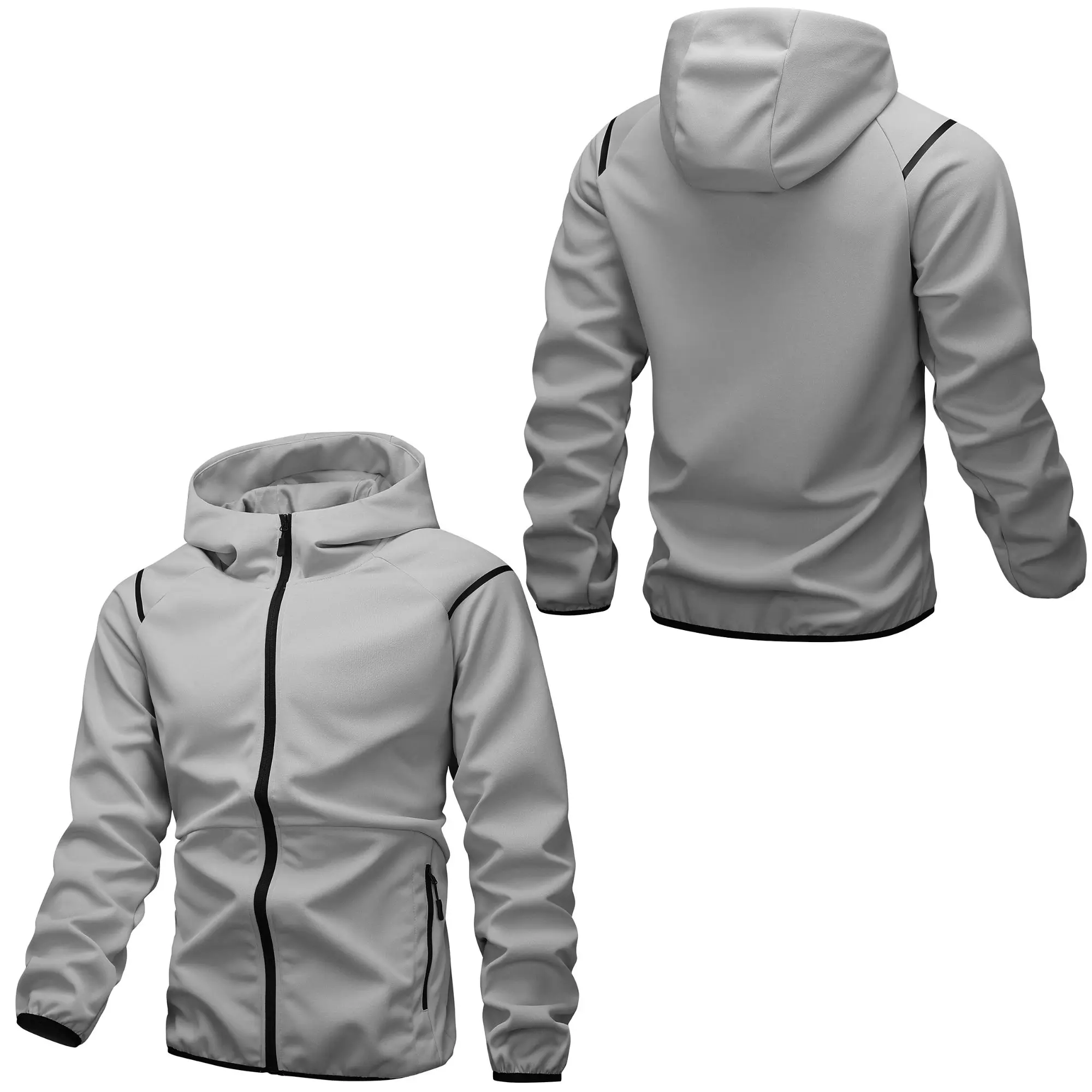 Men’s hooded jacket with thin black lines, side zipper pockets, adjustable hood, lightweight outdoor running sports jacket