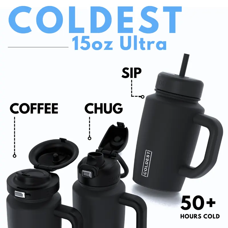 COLDEST 15oz Limitless Ultra V8 – Premium 15oz Stainless Steel Insulated Bottle | Leakproof, Ultra Cold, Durable Hydration for Gym, Work, Travel, School & Daily Life | Compact Metal Bottle with All-Day Ice Retention & Tough Design