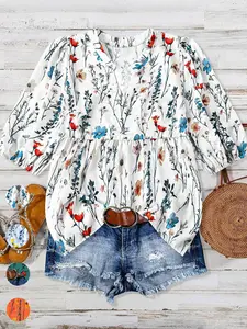 Plus Size Women's Floral Bubble Sleeves Blouse, Top, Loose V Neck Waist Cinched Shirt, Casual Summer, Daily Commute, Beach Vacation