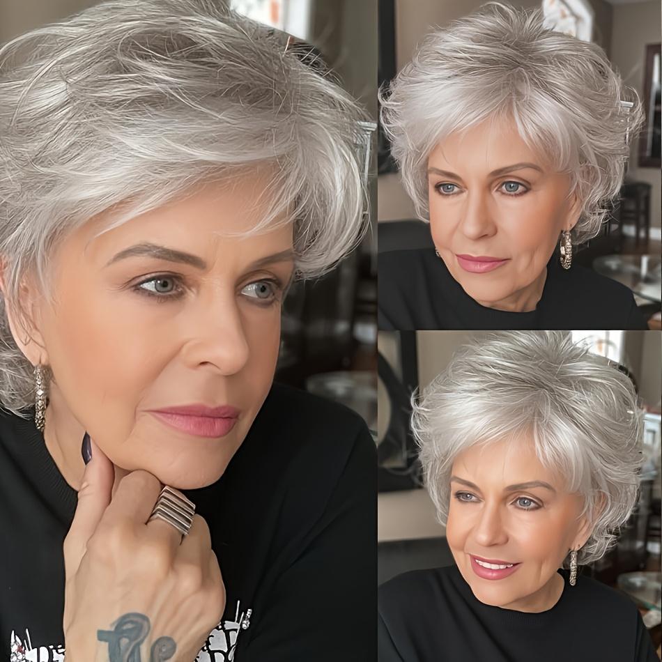 Women's Grey Glueless Pixie Cut Human Hair Wig, 180% Density Brazilian Hair, Short Straight Rose Net Cap, Natural Look Heat Stylable for Daily & Party Wear