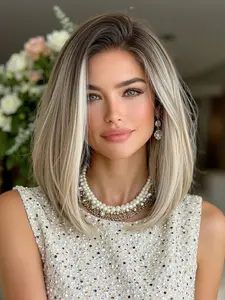 Women's Ombre Blonde Lace Front Wig, Medium Straight Bob Hair, Straight Bob Wigs, Heat Resistant Fiber for Parties Weddings Festivals Events