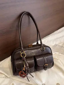 Women's Solid Color Shoulder Bag, Fashionable Large Capacity Shoulder Bag with Charm, Casual Versatile Commuting Bag for Daily Used, Everyday Shoulder Bag, Shoulder Crossbody Bag