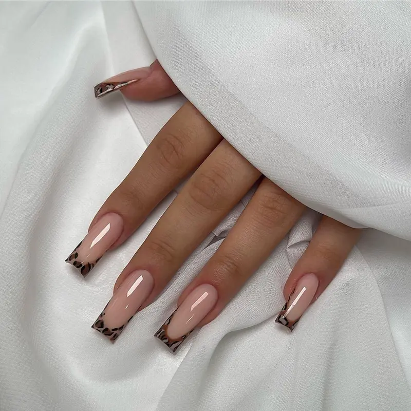 Leopard Pattern Fake Nails Kit, 24pcs/set Stylish Medium Long Square Press on Nails for Women & Girls DIY Nail Art, Elegant Stick on Nails Kit, Nail Extensions, Nail Decorations, Decorative Nails