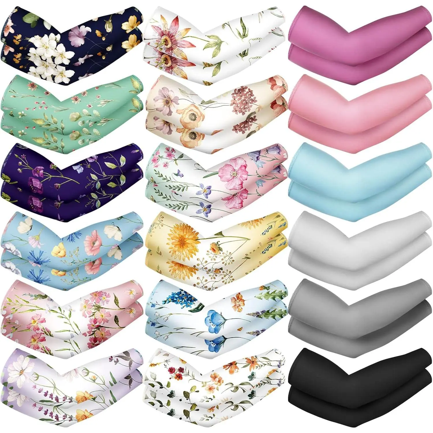 18 Pair Gardening Sleeves UV Sun Protection Arm Sleeves for Women Men Flower Pattern Solid Color Cooling Summer Farmers Compression Protection Arm Cover for Garden Outdoor Work Sports Cycling