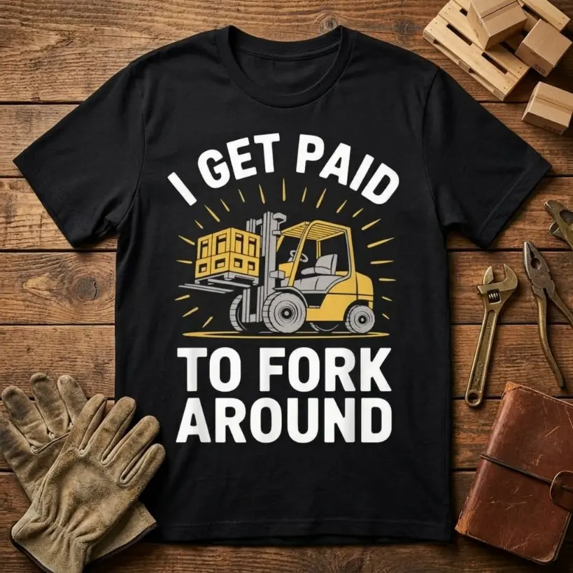 Men's Oversized Short Sleeve Round Crew Neck Heavy Industry Graphic Tee, Menswear Cotton Forklift Print "I Get Paid to Fork Around" Black-Yellow, Comfy Breathable Industrial Workwear for Warehouse, Construction, Round Neck, T-Shirt