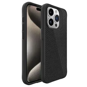 Apple iPhone 15 Pro Max (6.7) - Black Carbon Fiber Design on PC Back Cover with Black TPU Edge and Black PC Bumper