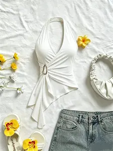 Women's Casual Tank Top, Asymmetrical Hem, Metal Button Detail, Neckline Design, Summer, Perfect for Daily Wear