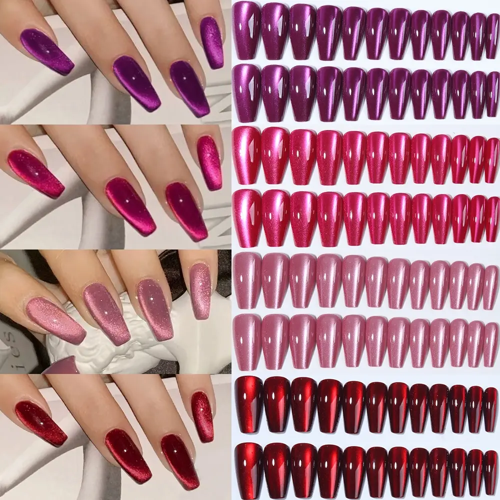 96pcs Box Medium Square French Cat Eye Press-On Nails, Glossy Finish Acrylic Tips for Women and Girls, Daily Use and Parties, Nail Art Kits, Nails Press Ons