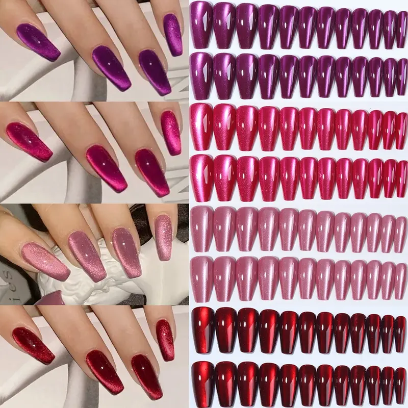 96pcs Box Medium Square French Cat Eye Press-On Nails, Fake Nails, Glossy Acrylic Tips for Women and Girls, Daily Use and Parties
