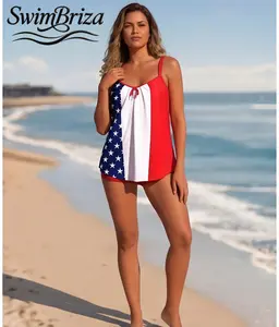 Briza｜Women's Red White and Blue American Flag Tankini Swimsuit Flowy Lace-Up Two-Piece Bathing Suit Set Patriotic Print Summer Beachwear for Vacation Pool Days and Resort Swimwear Coverage, Women's Swimwear, Bathing Suit for Women