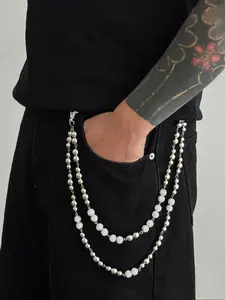 Hip Hop Style Ccb Faux Pearl Rhinestone Double Layer Pants Chain, Vintage Aesthetic Fashion Body Jewelry for Men, Perfect Everyday and Party Accessory