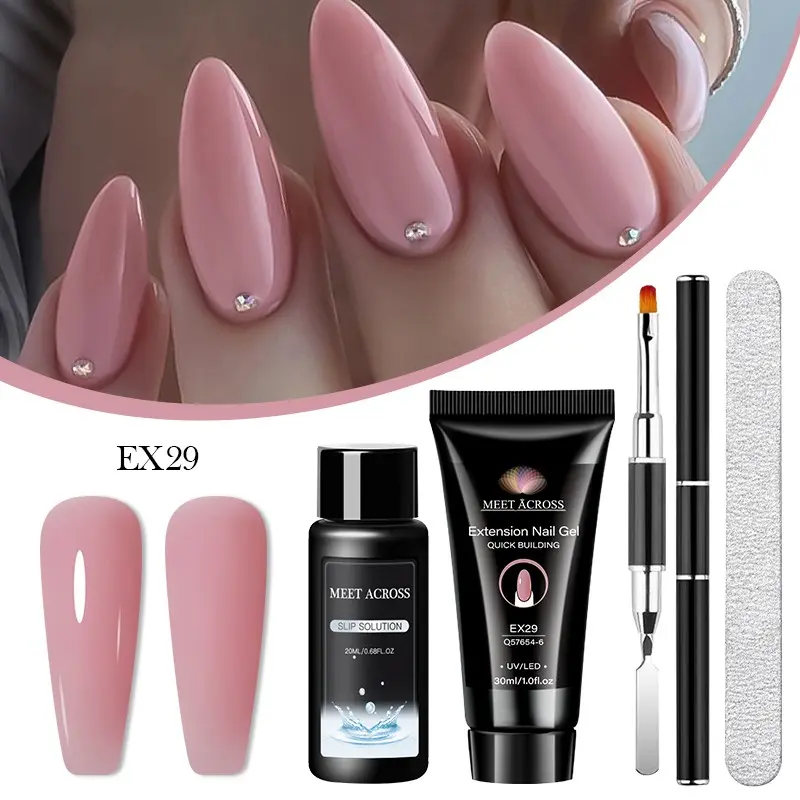 MEET ACROSS 4pcs Poly Extension Nail Gel Set Quick Hard Gel Clear Nail Polish for Home DIY Nail Art, Includes Gel Slip Solution Nail Brush Smooth Nail File, Manicure Gel Polish Kit