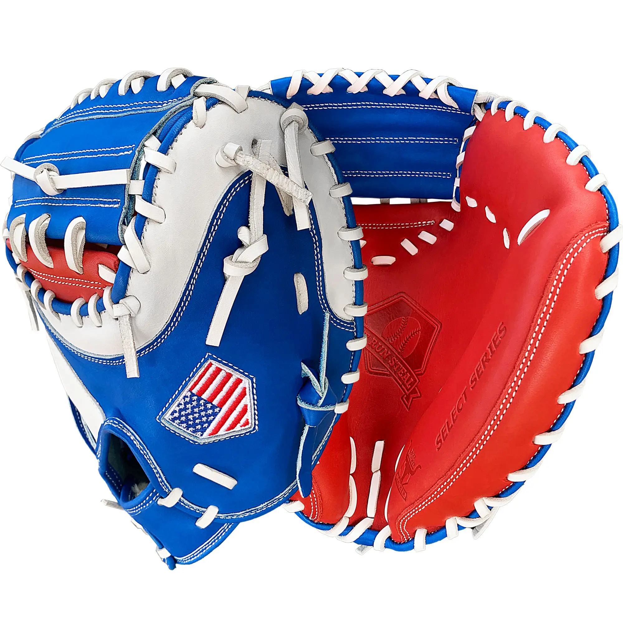 Hit Run Steal 34" Classic Baseball Catcher's Mitt, High Quality American Steerhide Leather for Youth & Adult Players, Red/White/Blue, Baseballs, 34 In, Adult/Youth
