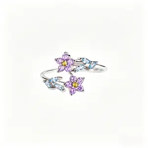 Forget Me Not Flower Open Ring, Sparkling Purple & Blue Crystal Adjustable Ring