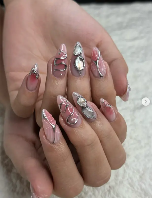 Pink Chrome Press On Nails with 3D Silver Swirls, Pearl Shell Charms, Sculpted Almond Shape, Romantic Mermaid Handmade Nail Set