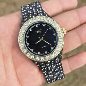 Men Wristwatch Iced Luxury Hip Hop Two Tone Nugget Bling Simulated Diamond Wrist Metal Shiny Fashion Watch