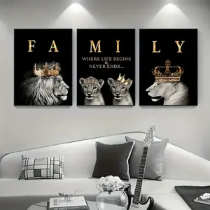 Modern Abstract Lion Family Wall Art Canvas Print, 3pcs Wooden Frame Motivational Quotes, Living Room Decoration, Mdf Material