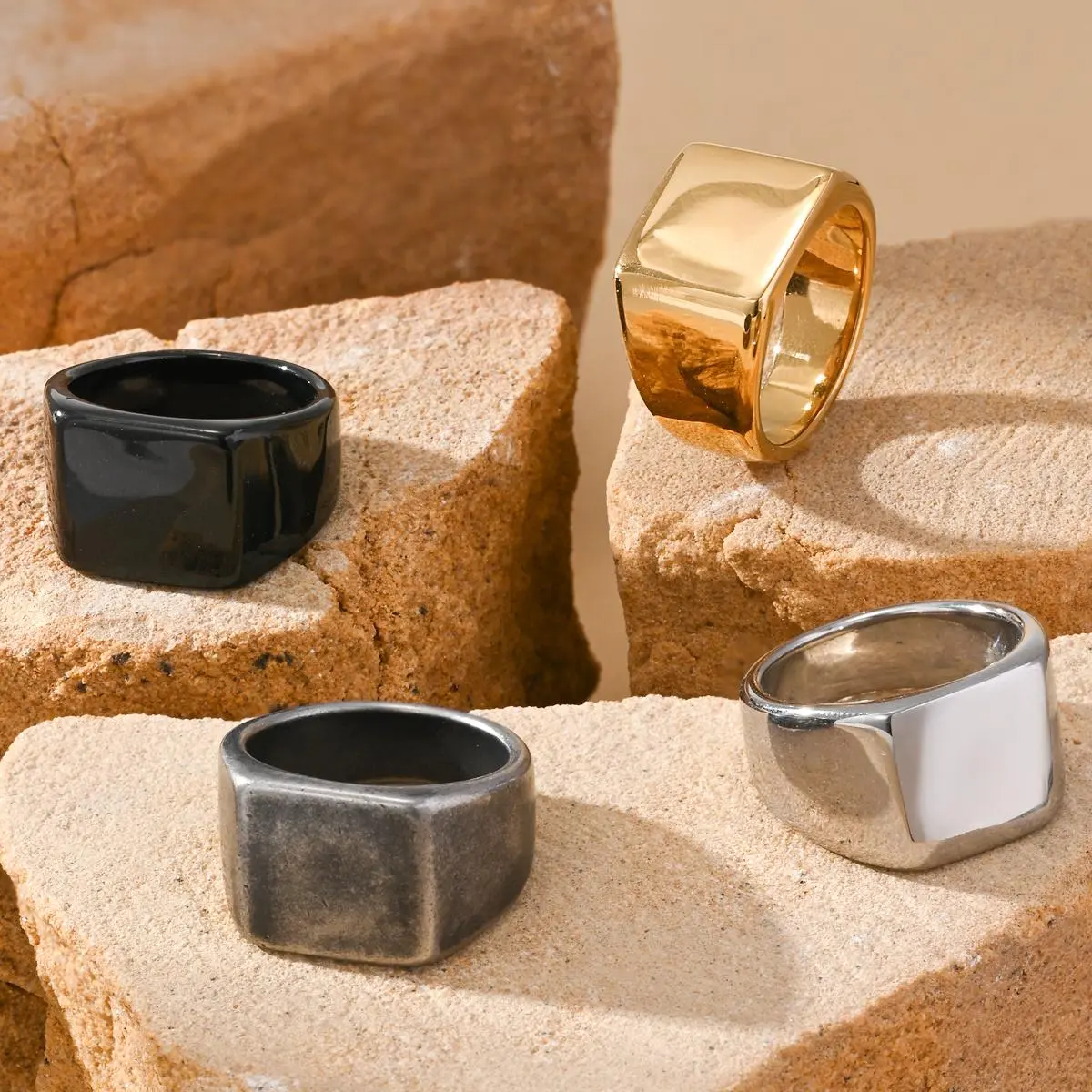 Men's Geometric Square Stainless Steel Stackable Ring - Simple Elegant Gentleman Style, Daily Casual Wear Fashion Accessory, Costume Jewelry, Stackable Rings, Dainty Stacking Rings