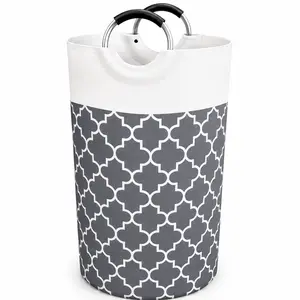 Large Laundry Hamper Basket Foldable, Waterproof Clothes Storage Bag with Aluminum Ring Handles, Collapsible Cotton Linen Laundry Bin for Bedroom, Bathroom, Closet & College Dorm