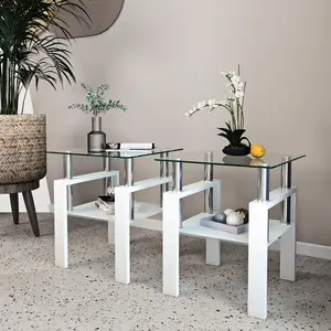 Glass End Tables Living Room Set of 2 Small Tempered Glass Top White Side Table with Metal Frame for Living Room Bedroom Easy to Assemble 17.72"L x 17.72"W x 20.5"H Transparent Tempered Glass Minimalist Design