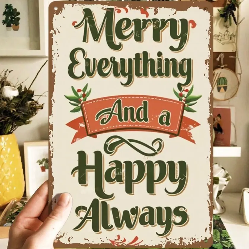 Aluminum Merry Everything Happy Always Holiday Decor Sign Vintage Wall Art Rustic Christmas Aluminum Frame Waterproof Outdoor for Home and Garden