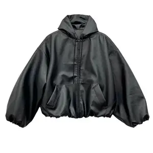 High Street Black Color Leather WIndbreaker Coat Mens and Women Cleanfit Casual Loose Zipper Hooded Jackets Oversized