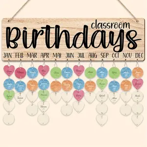 Wooden Birthday Reminder Calendar Board, Decorative Sign with Heart/Circle Tags, Cute Wooden Back To School Classroom Decor, Birthday Tracker Plaque