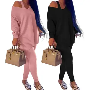 Women's long-sleeved belted top, casual off-shoulder shirt, stylish and elegant slim-fitting one-shoulder loose casual top and leggings set