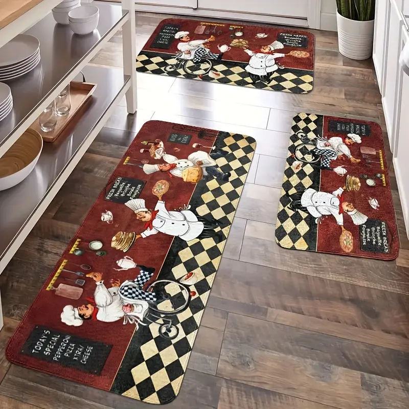 1/2/3pcs Red Chef Kitchen Mat Set, Soft Non-Slip Floor Rugs, Easy-Clean Decorative Mats for Kitchen, Bedroom, Living Room, Dining Room, Bathroom, Entryway & Laundry Room, 4th of July Decor,carpet,Washable Runner Rug