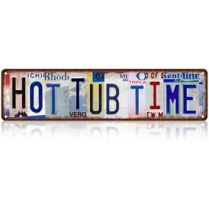 Vintage "Hot Tub Time" Metal Wall Plaque - 16x4 in Home Decor Product, Vintage Garage Sign, 1990s Home Sign for Bathroom, Living Room, Home Decor Products, Vintage Garage Signs
