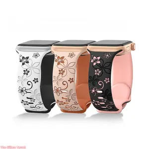 Laser Engraved Bauhinia Two Tone Silicone Watch Band, Floral Soft Wrist Strap Compatible with Apple Watch Ultra, Exquisite Fashion Accessory for Daily Casual Wear (Strap Only)