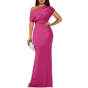 Womens Elegant One Shoulder Bodycon Maxi Dress – Ruched Off Shoulder Formal Evening Gown, Slim Fit Sleeveless Party Dress, Stretch Polyester Cocktail Prom Dress